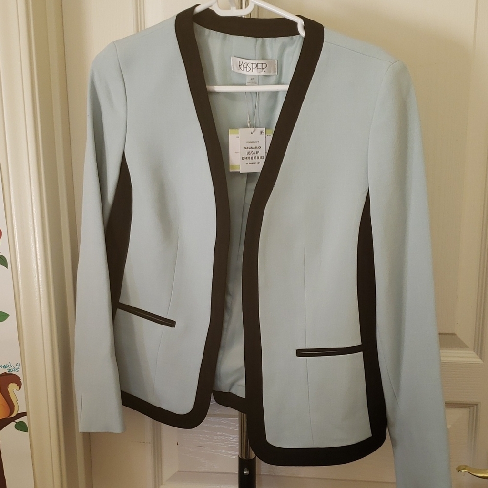 Kasper Women's Blazer in Soft Blue and Black Trim